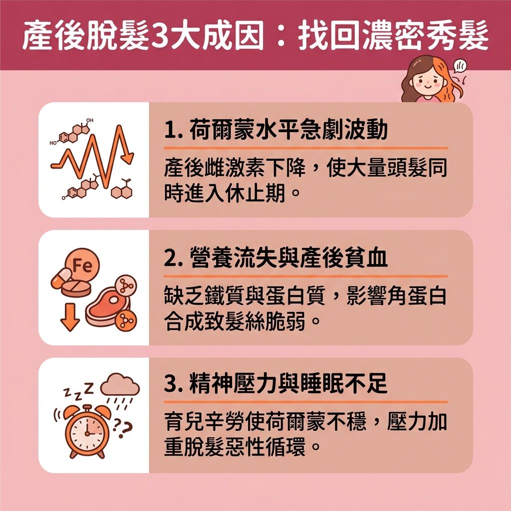 這是一張關於產後脫髮原因的 1:1 正方形向量資訊圖表，旨在為面臨產後脫髮的媽媽提供女性脫髮治療建議。圖中詳細解析了荷爾蒙失調（特別是雌激素與荷爾蒙波動）如何影響毛囊與頭皮健康。由於產後復原期內身體流失大量鐵質、蛋白質及各種維他命，會導致營養不足，影響膠原蛋白生成並令毛髮生長停滯。

為了解決脫髮問題並改善頭髮稀疏，圖表建議透過補充頭髮營養來強化髮根健康。此外，新手媽媽常因壓力過大導致皮脂腺失衡、引發炎症或改善頭皮發炎（控制頭皮發炎），進而需要舒緩頭皮敏感。專業的生髮療程推薦通常包括頭皮深層清潔以去除老廢角質，或透過中醫調理生髮及按摩促進血液循環（提升血液循環），從而刺激毛囊生長、達成毛囊萎縮改善。

圖中呈現了可愛的護髮插畫，提醒媽媽們在挑選洗頭水時要注意保護黑色素與預防雄性激素干擾。正確的護理能有效減少掉髮數量、增加頭髮密度、預防髮線後移（及預防髮際線後移）並預防頭髮斷裂。如脫髮嚴重，應諮詢專業醫生，確保在產後平安度過掉髮期。