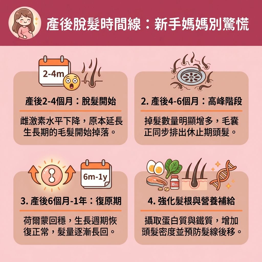 這是一張採台灣健康部落格風格的 1:1 正方形扁平化資訊圖表，深入解析產後脫髮原因。圖表詳細描述了在產後復原期中，因雌激素與荷爾蒙迅速變動造成的荷爾蒙失調，如何影響頭皮與毛囊健康。

畫面中建議尋求專業醫生進行女性脫髮治療，透過生髮療程推薦來有效解決脫髮問題並改善頭髮稀疏。圖示包含富含蛋白質、鐵質、維他命與優質營養的食物，旨在補充頭髮營養、強化髮根健康與促進膠原蛋白合成，從而減少掉髮數量並預防頭髮斷裂。

圖表亦教導正確洗頭方法，使用溫和洗頭水進行頭皮深層清潔，避免皮脂腺阻塞毛孔以改善頭皮發炎（針對炎症）並舒緩頭皮敏感。內容還提及透過按摩促進血液循環（改善血液循環）來刺激毛囊生長，改善雄性激素干擾與壓力引發的掉髮，針對毛囊萎縮改善。視覺上展示了健康的毛髮、黑色素細胞與正常的角質層，引導媽媽們預防髮線後移並增加頭髮密度，同時提及中醫調理生髮的輔助作用。